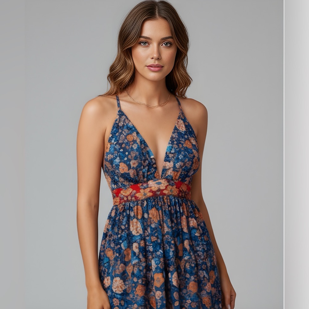LAST ONE š„ Boho Floral Print Backless Deep V Neck Maxi Dress - Picture 2 of 12